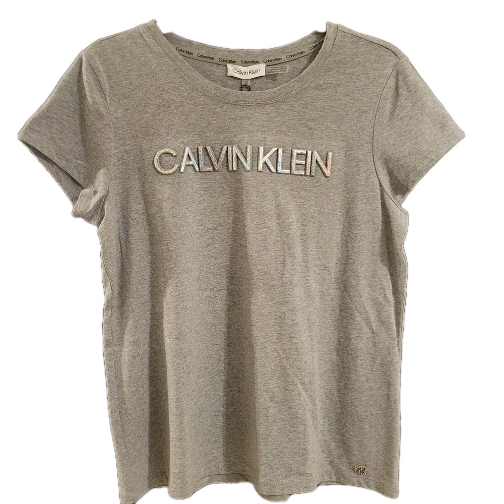 Calvin Klein Womens T-Shirt Gray Short Sleeve Raised Logo  Sz M NWT Preppy‎